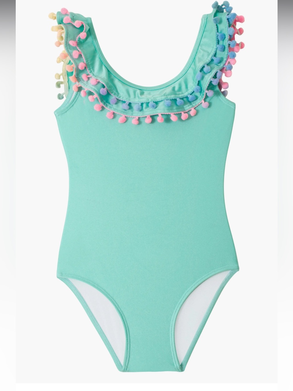 PQ Swim Girls One-Piece Swimsuit in Mint with Multicolor Pom Trim